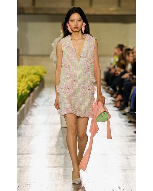 Carolina Herrera Natural Embellished Grid Tweed Dress