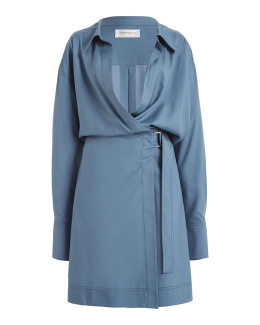 Victoria Beckham Blue Silk-poplin Wrap Mini Shirt Dress