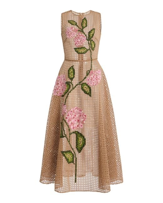 Oscar de la Renta Natural Floral Rattan Guipure Midi Dress