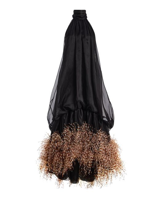 Atelier Prabal Gurung Black Feathered Silk Organza Open-Back Cocoon Halter Dress