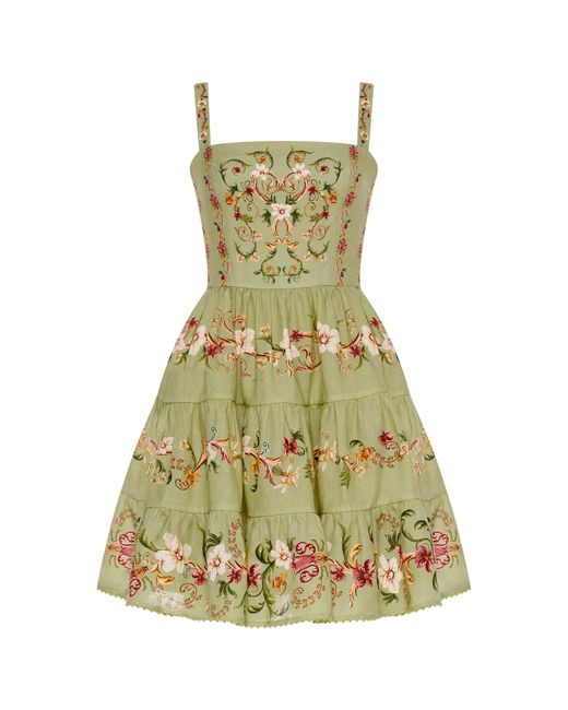 Agua Bendita Green Lima Tiered-Skirt Linen Mini Dress