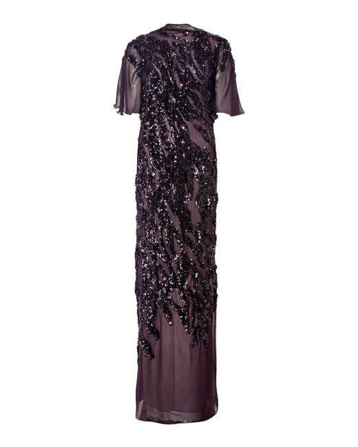Marmar Halim Purple Flutter Sleeve Sequined Silk Chiffon Gown