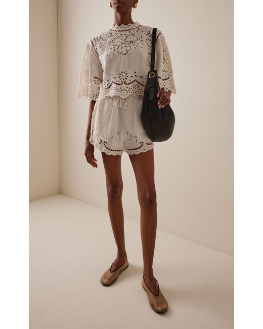 Sea White Lula Embroidered Linen-Blend Top