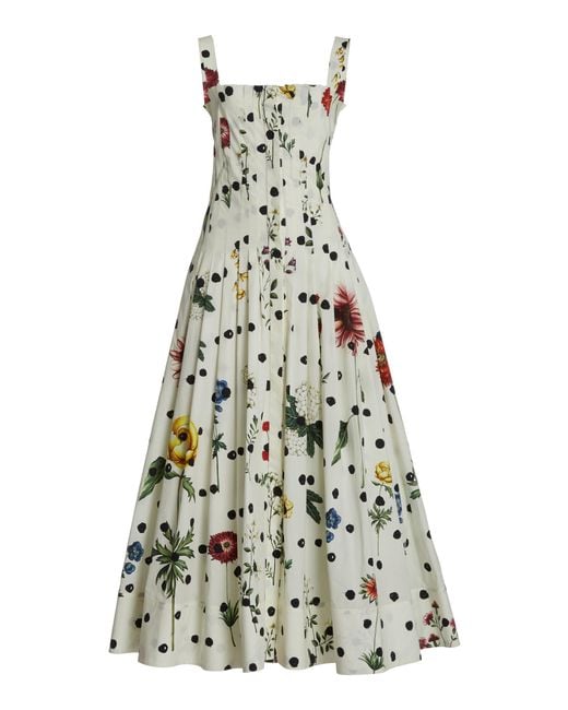 Oscar de la Renta White Polka-dot Floral Cotton Maxi Dress