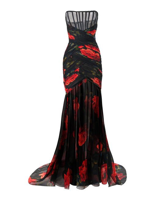 Carolina Herrera Red Strapless Stemmed-Rose-Printed Chiffon Gown