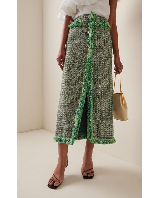 Giambattista Valli Green Fringed Boucle Tweed Maxi Skirt