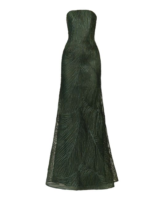 Naeem Khan Green Metallic Raffia Bustier Strapless Fit-And-Flare Gown