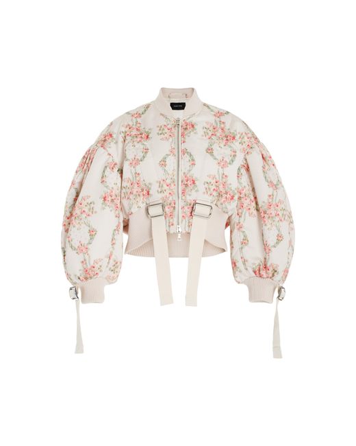 Simone Rocha Natural Puff-sleeve Floral Taffeta Cropped Bomber Jacket