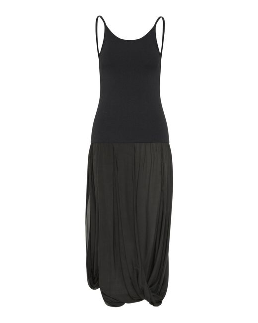 St. Agni Black Knit Bodice Drape Sheer Dress