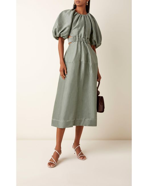 Aje. Mimosa Cutout Linen And Silk-blend Midi Dress in Green | Lyst