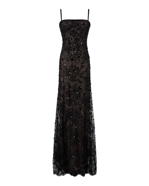 Marmar Halim Black Straight-Cut Embroidered Lace Gown