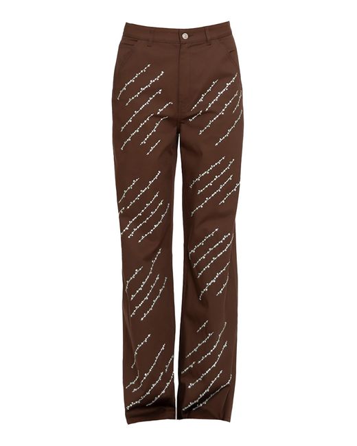 DES_PHEMMES Brown Bead-Embellished Mid-Rise Stretch-Cotton Cargo Pant