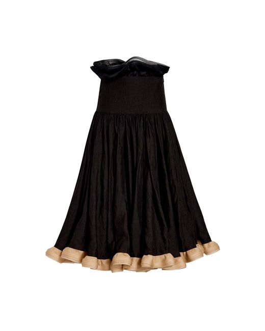 Khaite Black Saru Ruffled Linen Midi Skirt