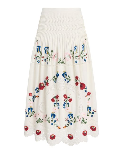 Sea White Celia Embroidered Cotton-Linen Midi Skirt