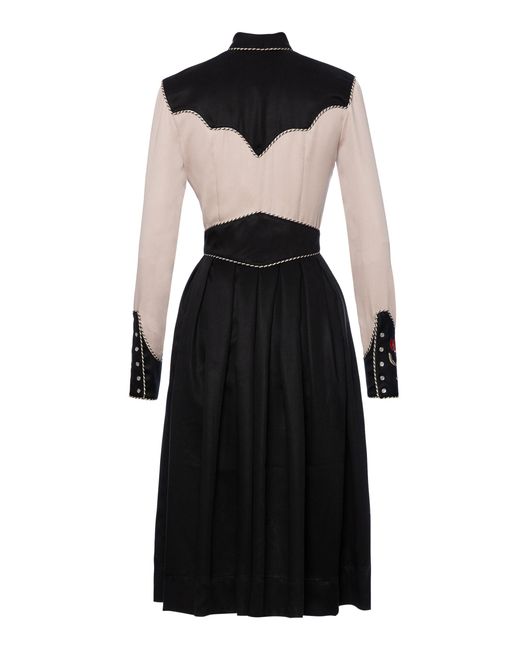 Handcrafted Navy Blue Denim Indo-Western Midi Dress with V-Neck, White Contrast Buttons & Tiered Gathering