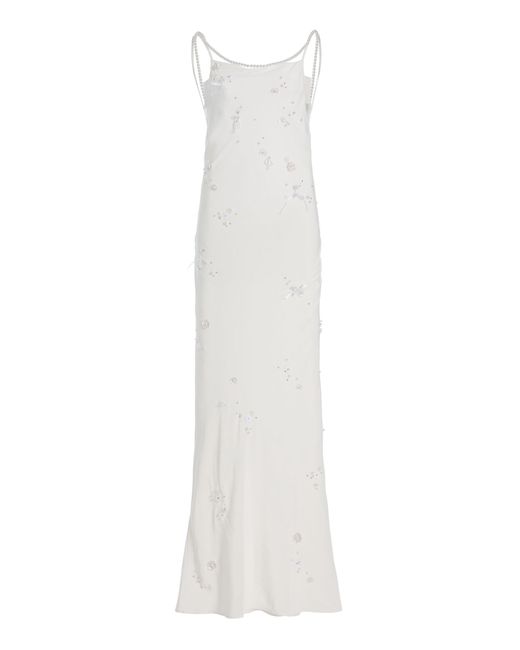 BERNADETTE White Pearl-Embroidered Silk Maxi Slip Dress