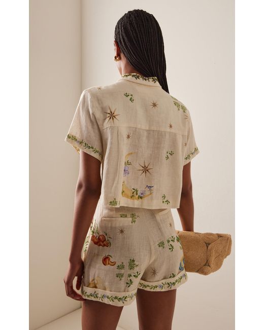 Agua Bendita Metallic Linen Embroidered Palm Print Shirt