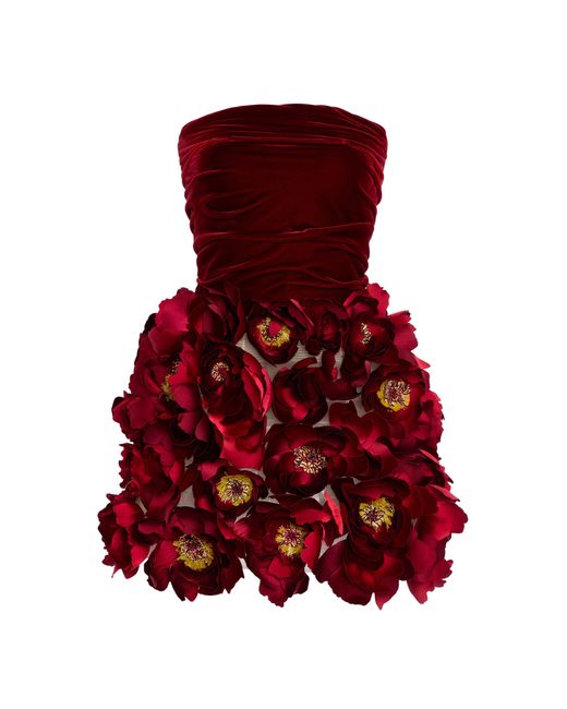 Oscar de la Renta Red Floral-Appliquéd Velvet Mini Dress