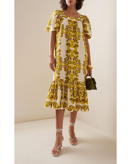 Cara Cara Yellow Chani Printed Linen Midi Dress