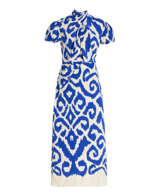 Johanna Ortiz Blue Plantas Marinas Silk Midi Dress