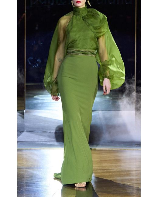 Pamella Roland Green Balloon-Sleeve Organza & Crepe Gown