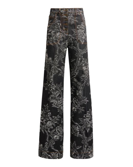 Etro Black Patterned Stretch-Denim Flared Jeans