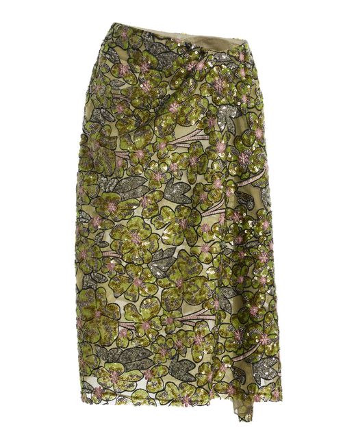 Atelier Prabal Gurung Green Floral Sequin Embroidered Tulle Hand-Draped Sari Overlay Skirt