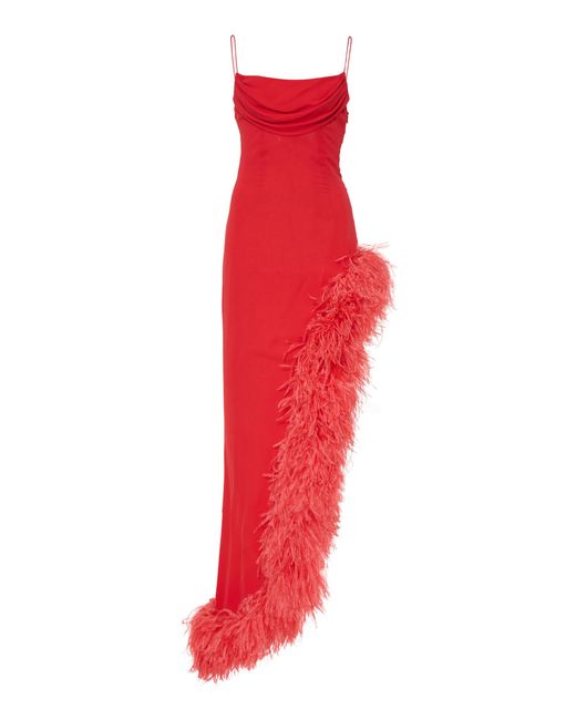 Alessandra Rich Red Feather-trimmed Asymmetric Silk Georgette Gown
