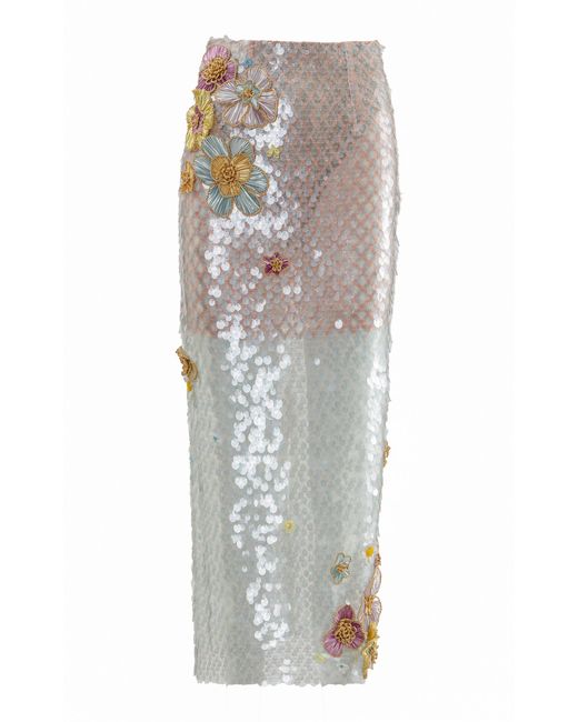 La Fuori Blue Ice Bloom Embellished Midi Skirt