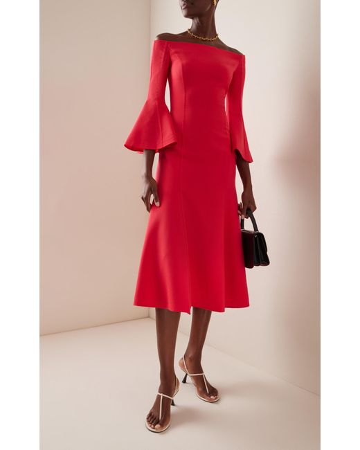 Oscar de la Renta Red Off-the-shoulder Stretch-wool Midi Dress