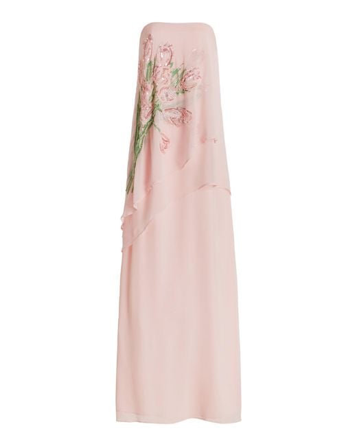 BERNADETTE Pink Tilda Tulip-embroidered Silk Gown