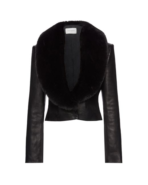 Magda Butrym Black Cropped Fur Collar Leather Jacket