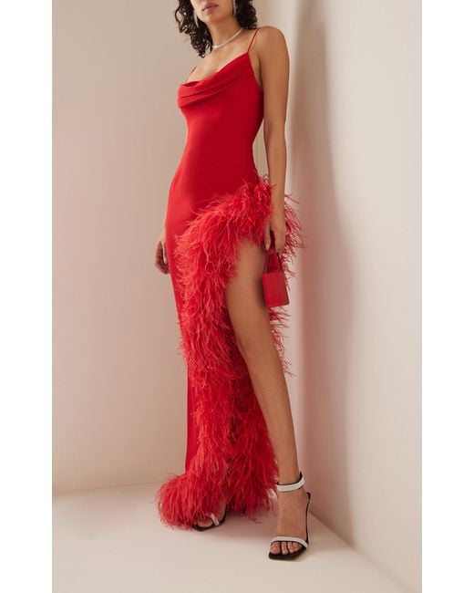 Alessandra Rich Feather-trimmed Asymmetric Silk Georgette Gown in Red | Lyst