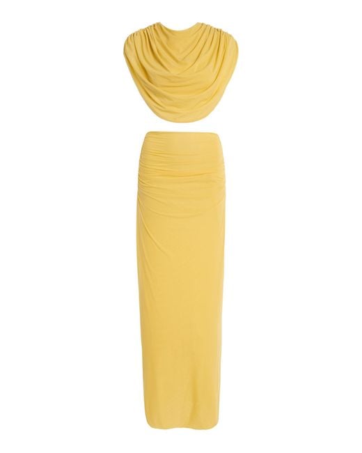 Maygel Coronel Yellow Amalra Draped Jersey Skirt Set