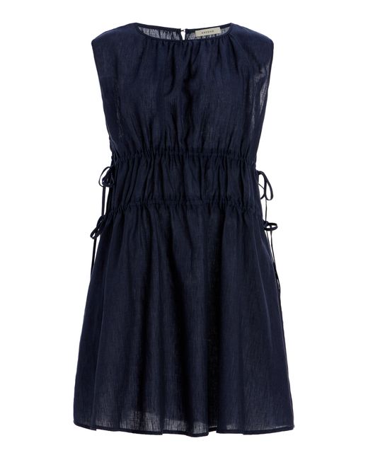 Asceno Blue The Como Gathered Linen Mini Dress