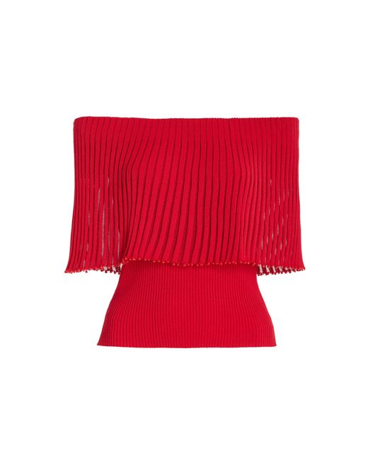 Altuzarra Red Pascale Bead-trimmed Knit Off-the-shoulder Top