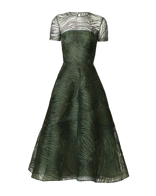 Naeem Khan Green Metallic Raffia Cap Sleeve Cocktail Dress