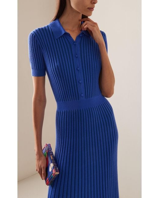 Gabriela Hearst Blue Amor Ribbed Knit Cashmere-silk Polo Midi Dress