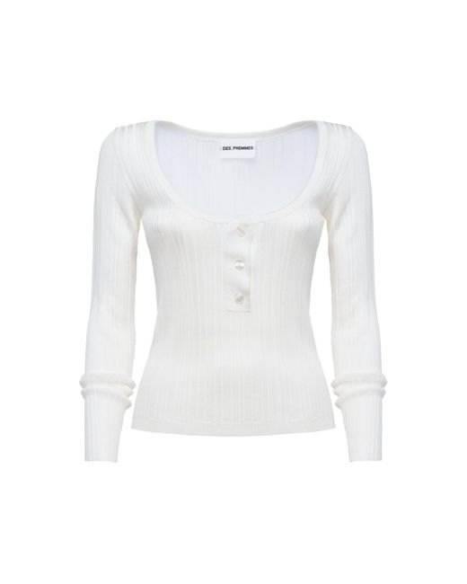 DES_PHEMMES White Henley Ribbed Knit Top