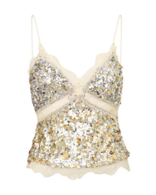 LoveShackFancy Natural Coravine Ombré Sequin Lace-Trimmed Top