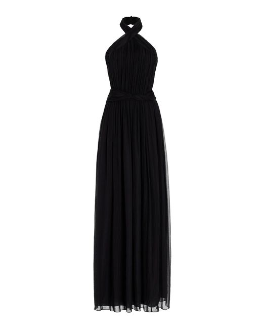 Adam Lippes Black Rabban Plissé Silk Chiffon Halter Gown