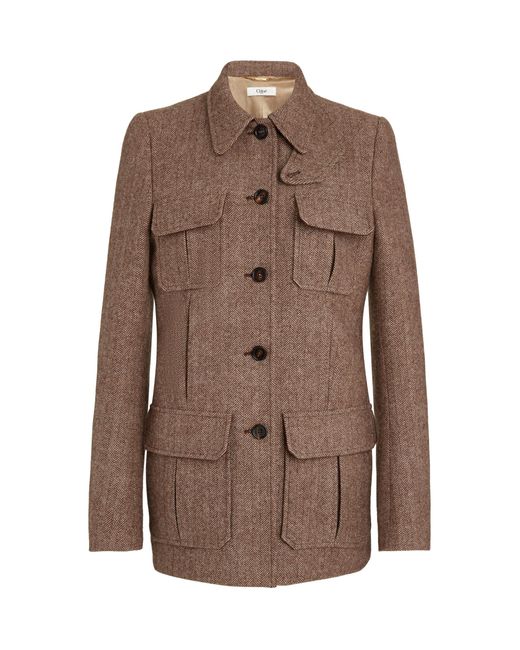 Chloé Brown Pocket-detailed Herringbone Wool Jacket