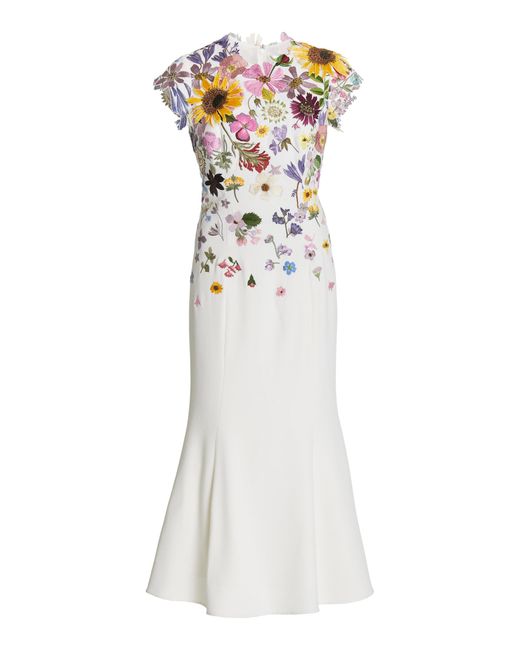 Oscar de la Renta Multicolor Pressed Floral-embroidered Stretch Wool Crepe Trumpet Dress