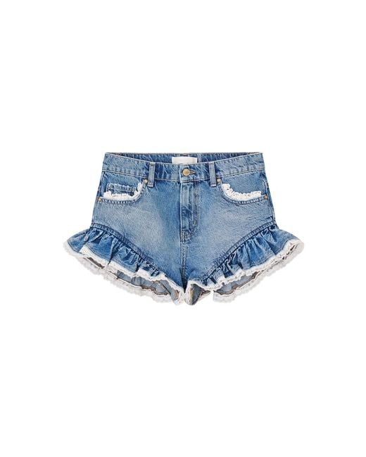 LoveShackFancy Blue Azalure Ruffled Denim Mini Shorts