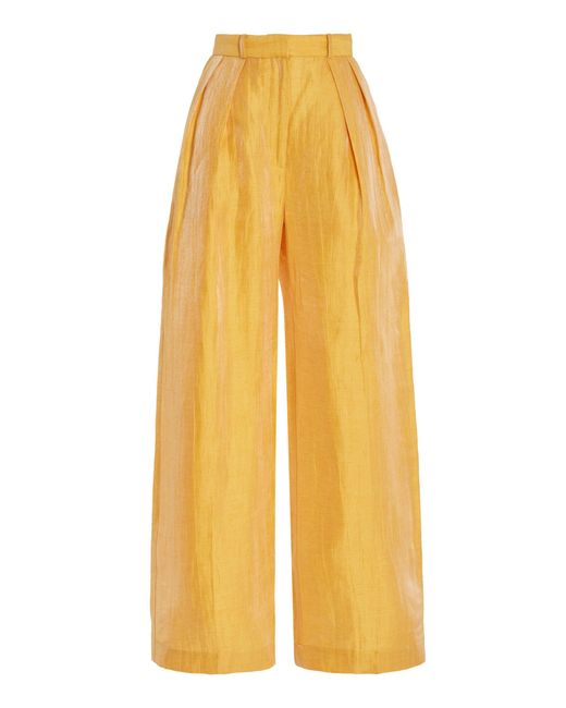 Matthew Bruch Yellow Pleated Linen-blend Wide-leg Trousers