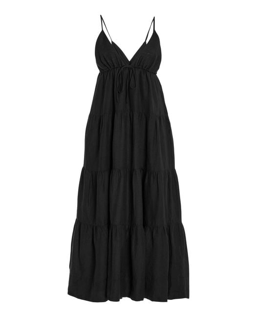 Posse Exclusive Fleur Tiered Linen Midi Dress in Black | Lyst
