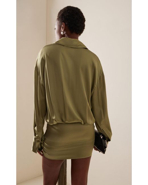 The Attico Green Fringe-detailed Silk Mini Shirt Dress