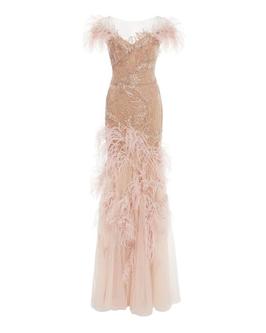 Marchesa Pink Off The Shoulder Feather Gown