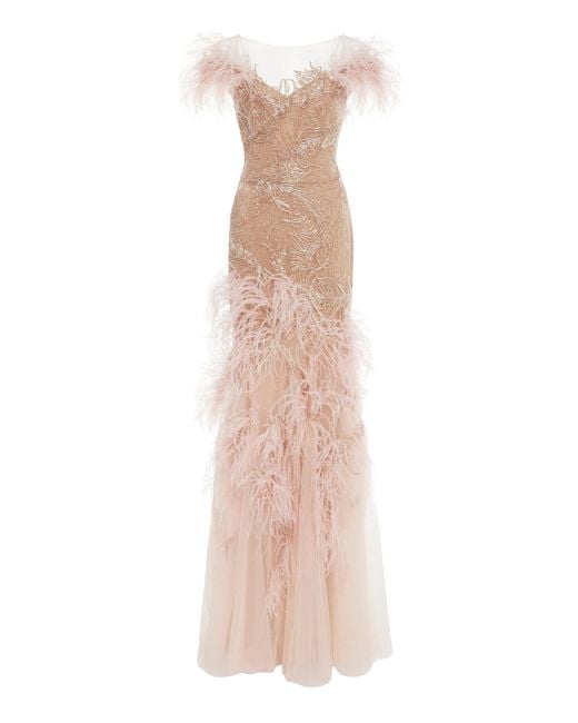 Marchesa Pink Off The Shoulder Feather Gown