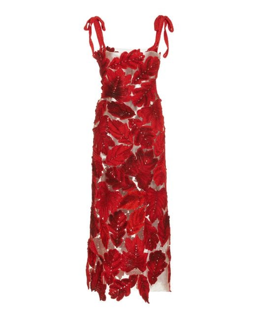 oscar de la renta rose-embroidered crochet-knit midi dress Oscar De La Renta Rose-Appliqu Knitted Midi Dress In Blue